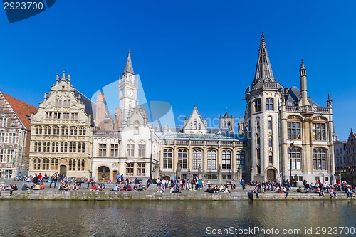 Image of Leie river bank in Ghent, Belgium, Europe.