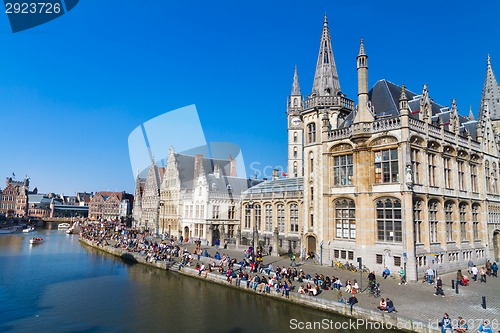 Image of Leie river bank in Ghent, Belgium, Europe.