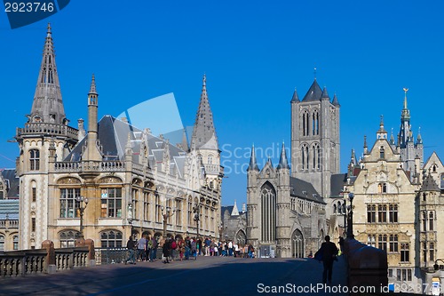 Image of Leie river bank in Ghent, Belgium, Europe.