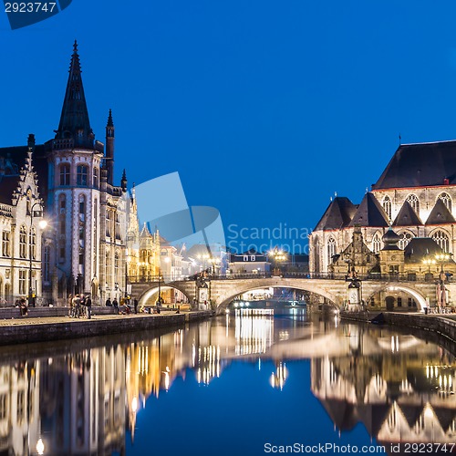 Image of Leie river bank in Ghent, Belgium, Europe.