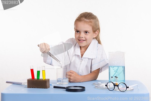 Image of Girl throws a piece of reagent into flask in chemistry class