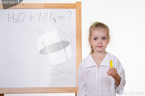Image of Chemist with test tube at the blackboard