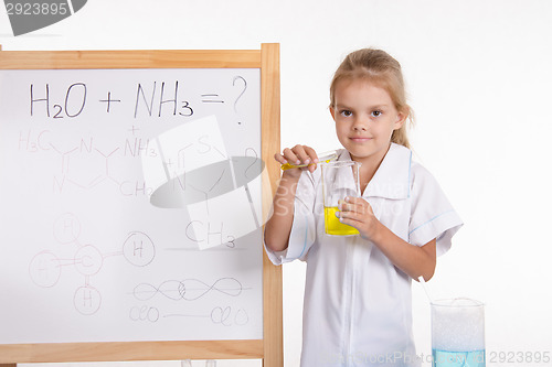 Image of Girl shows chemical experience standing at the blackboard