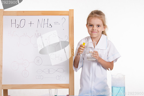 Image of Girl the reagents at blackboard with a formula