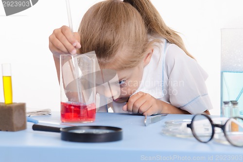 Image of Chemist looking at the liquid in flask