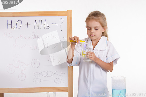 Image of Girl pours liquid from a test tube into flask standing at blackboard