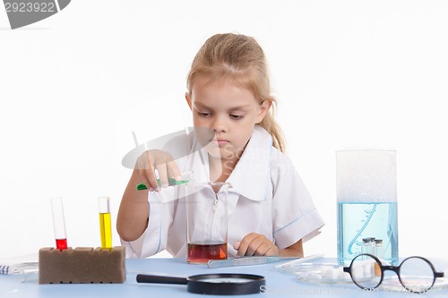 Image of Chemist pours green liquid in a flask