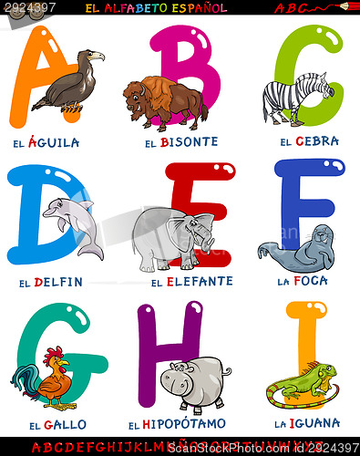 Image of cartoon spanish alphabet with animals