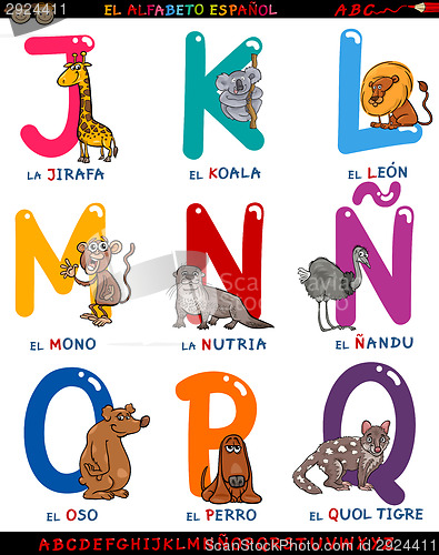 Image of cartoon spanish alphabet with animals