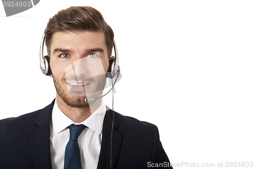 Image of Man wearing headset with stereo headphones