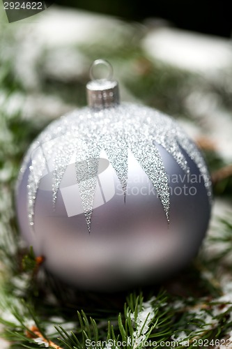 Image of Silver Christmas ornaments in leaves