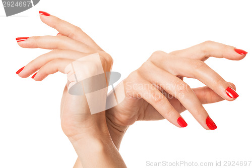 Image of Woman with beautiful manicured red fingernails