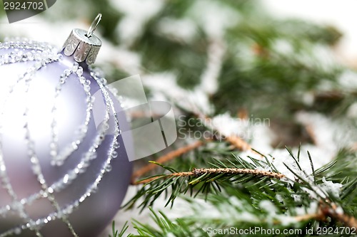 Image of Silver Christmas ornaments in leaves