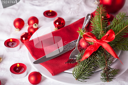 Image of Red themed Christmas place setting