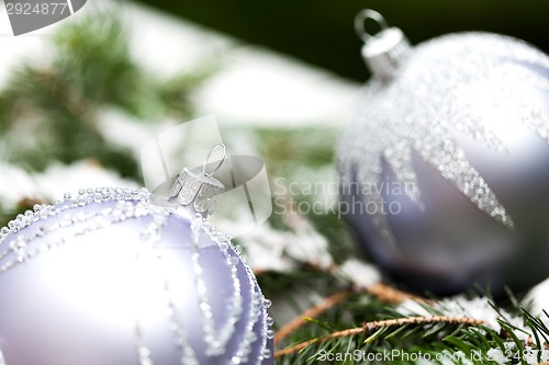 Image of Silver Christmas ornaments in leaves