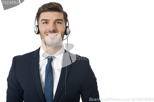 Image of Man wearing headset with stereo headphones