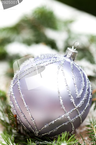 Image of Silver Christmas ornaments in leaves