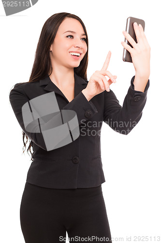 Image of Portrait of cheerful businesswoman