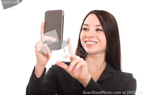 Image of Closeup of cheerful businesswoman