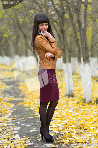 Image of Portrait of a beautiful girl on the autumn alley in full growth