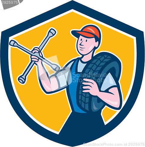Image of Mechanic With Tire Wrench Shield Cartoon