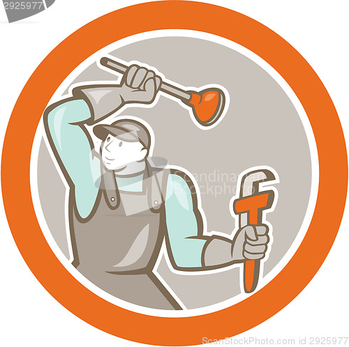 Image of Plumber Wielding Plunger Wrench Circle Cartoon