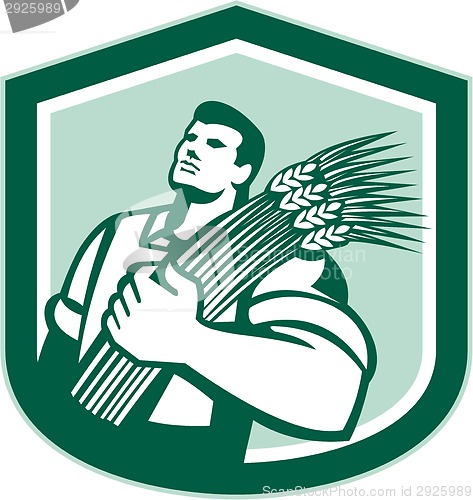 Image of Wheat Farmer Looking Up Shield Retro