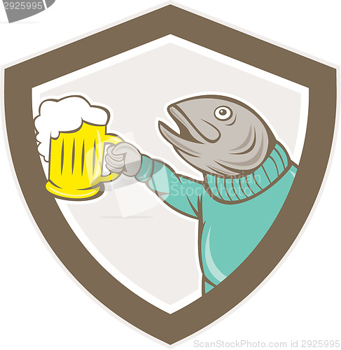 Image of Trout Fish Holding Beer Mug Shield Cartoon