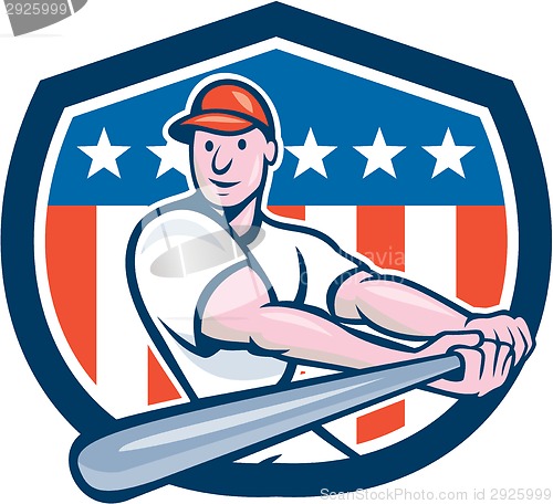 Image of American Baseball Player Batting Shield Cartoon