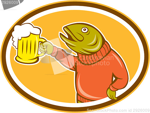 Image of Trout Fish Holding Beer Mug Oval Cartoon