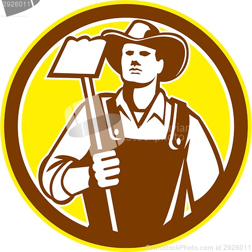 Image of Organic Farmer Holding Grab Hoe Circle Retro