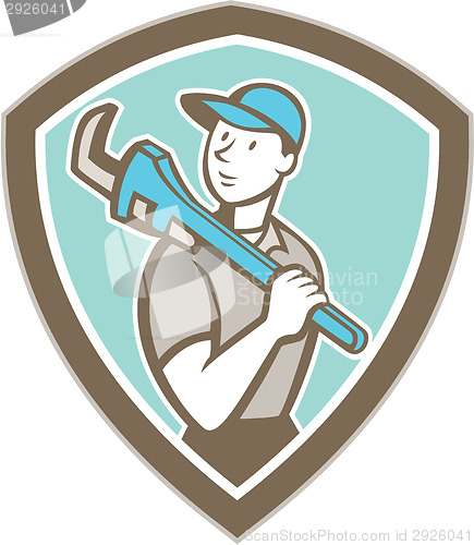 Image of Plumber Holding Monkey Wrench Shield Cartoon