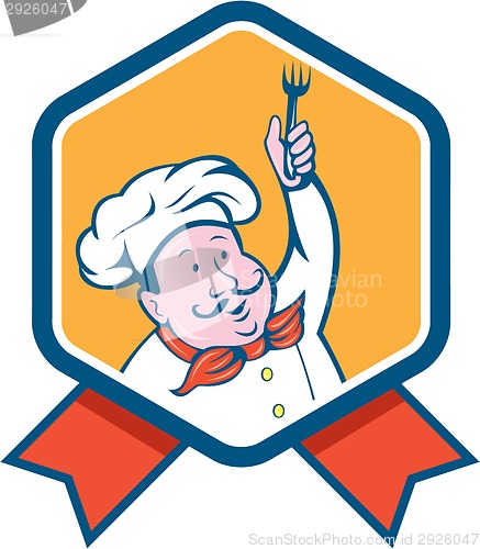 Image of Chef Cook Holding Fork Ribbon Cartoon