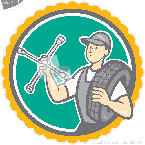 Image of Mechanic With Tire Wrench Rosette Cartoon