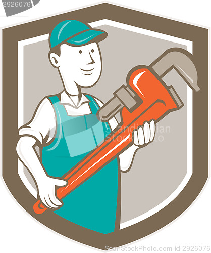 Image of Plumber Monkey Wrench Shield Cartoon