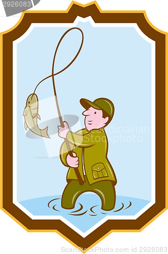 Image of Fly Fisherman Fish On Reel Shield Cartoon