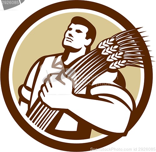 Image of Wheat Farmer Looking Up Circle Retro