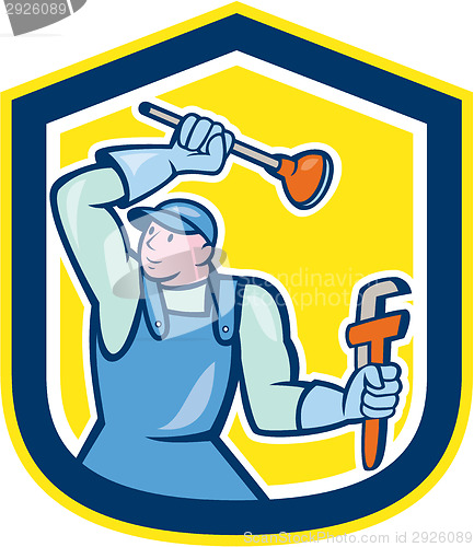 Image of Plumber Wielding Plunger Wrench Shield Cartoon