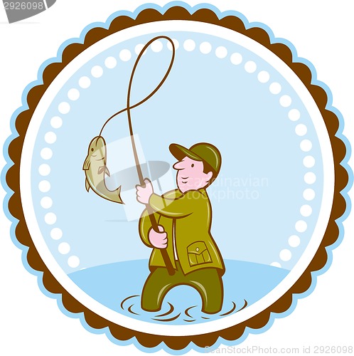 Image of Fly Fisherman Fish On Reel Rosette Cartoon