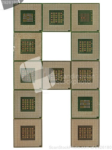 Image of letter A  made of old and dirty microprocessors