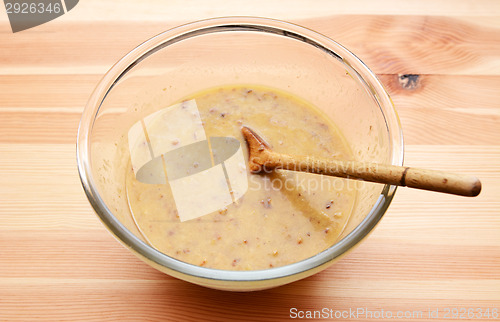 Image of Banana loaf wet ingredients - mashed fruit, eggs, butter