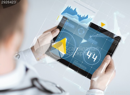 Image of close up of doctor with stethoscope and tablet pc