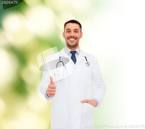 Image of smiling doctor with stethoscope showing thumbs up