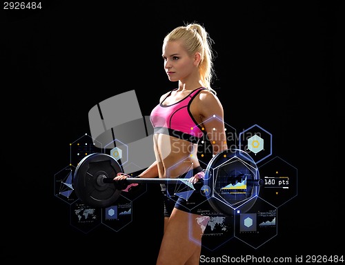 Image of sporty woman exercising with barbell