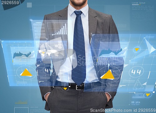 Image of close up of businessman over blue background