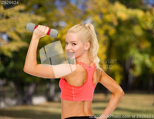 Image of young sporty woman with light dumbbell