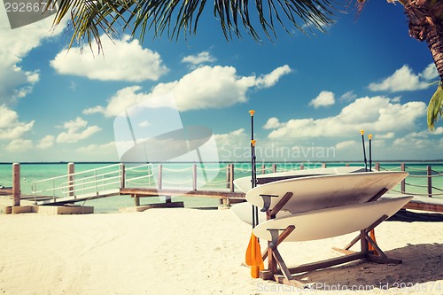 Image of surfboards on tropical beach