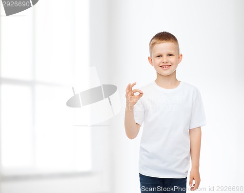 Image of smiling little boy in white blank t-shirt