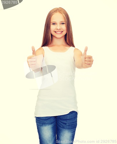 Image of girl in blank white shirt showing thumbs up