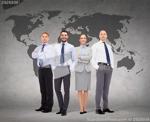 Image of group of smiling businessmen over white background